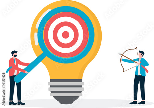 Two business man magnify on bulb find target

