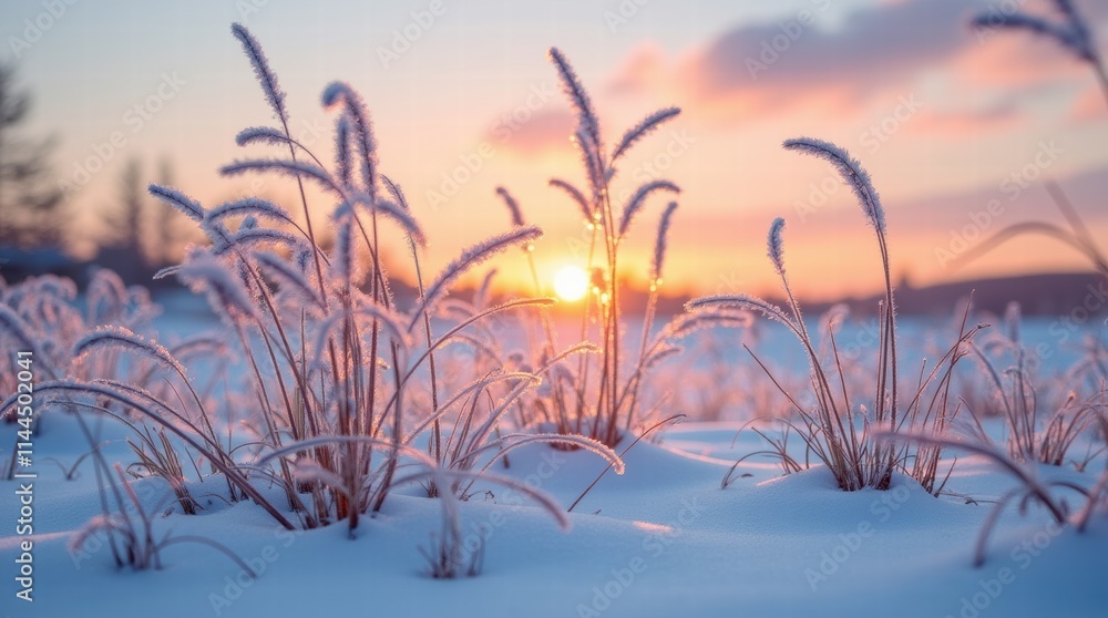 Obraz premium Winter landscape with sun flare on a frozen twigs in hoarfrost, with a sun flare in the background