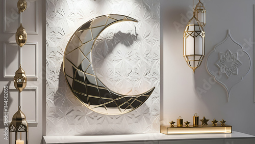 luxury golden and silver moon on white wall with Islamic patterns. happy ramzan or eid mubarak festivals photo