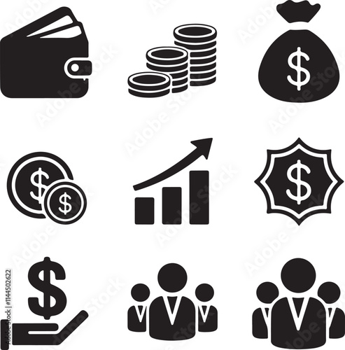 Finance icons. Business Icons, money signs. Money silhouette collection. Wallet with cards icon. Coins silhouette icon. Growth chart. Moneybag or stash.