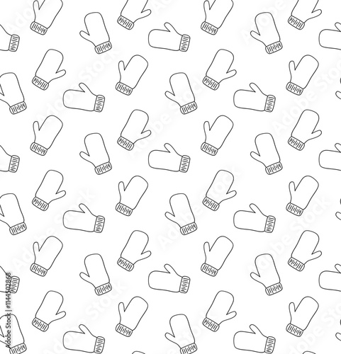 Winter mittens graphic line seamless pattern. Vector illustration isolated on a white background. Perfect for a postcard, sticker, coloring book or as a label for a knitted product