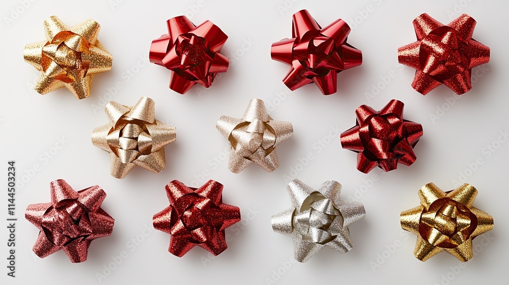 A series of glittering, festive red and gold gift bows set against a white backdrop A series of glittering, festive red and gold gift bows set against a white backdrop