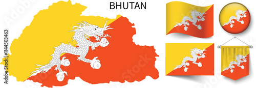 The various patterns of Bhutan national flags and the map of Bhutan's borders