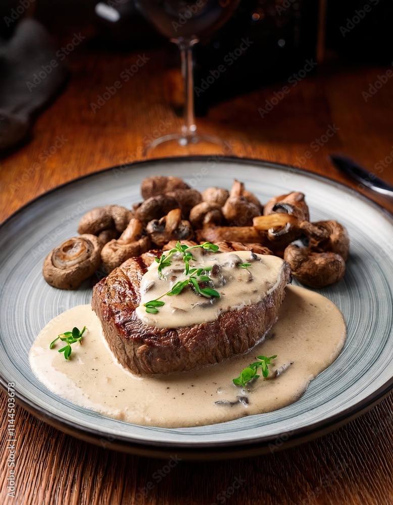 A delectable pan-seared steak, generously topped with creamy mushroom sauce and served alongside mushrooms A delectable pan-seared steak, generously topped with creamy mushroom sauce and served alongside mushrooms
