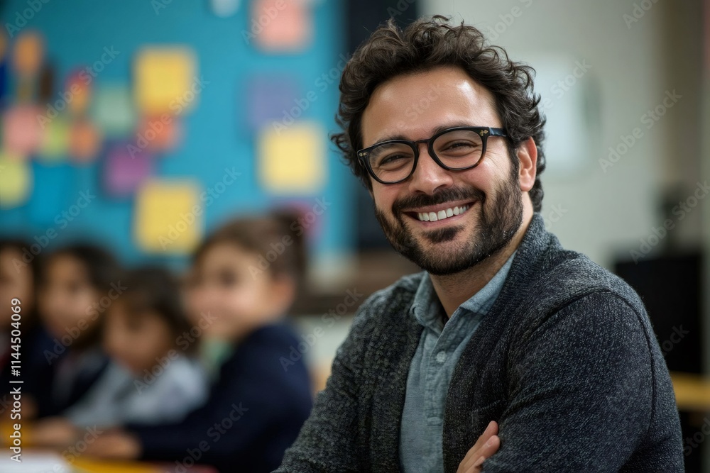 Smiling teacher standing in classroom with students in background Smiling teacher standing in classroom with students in background