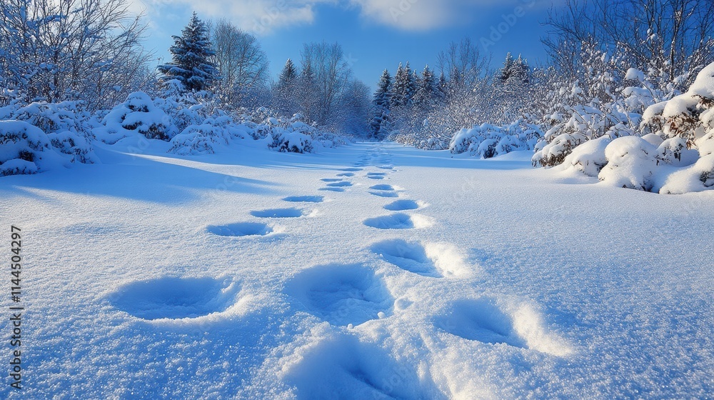 A pathway through the snow with fresh footprints, suggesting a journey in the quiet winter setting A pathway through the snow with fresh footprints, suggesting a journey in the quiet winter setting