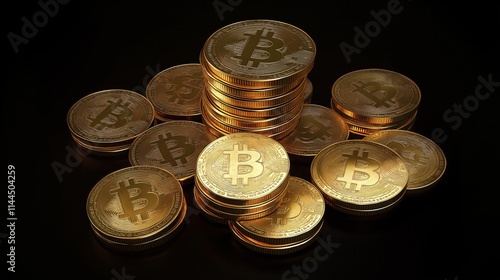 3D illustration of Bitcoin coins, against a black background photo