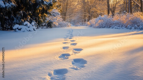 A pathway through the snow with fresh footprints, suggesting a journey in the quiet winter setting