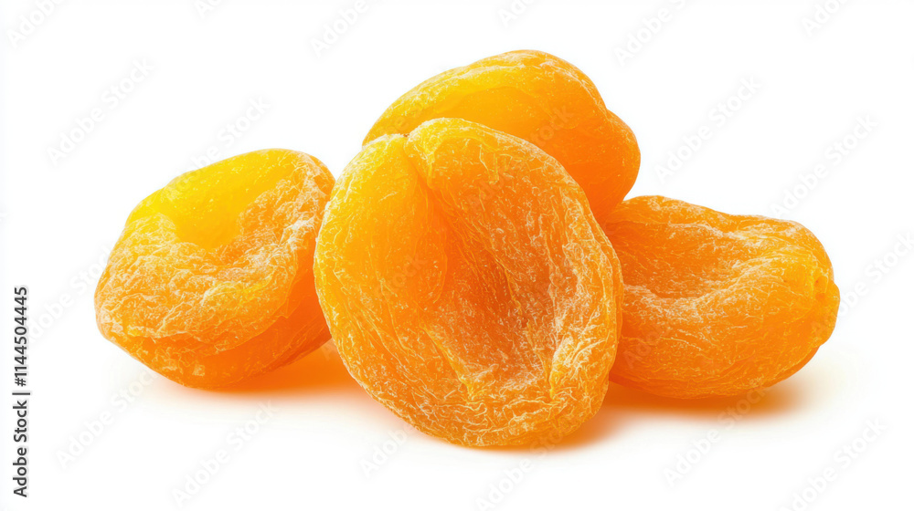 Dried apricots stacked together on white background, showcasing their vibrant orange color and texture Dried apricots stacked together on white background, showcasing their vibrant orange color and texture