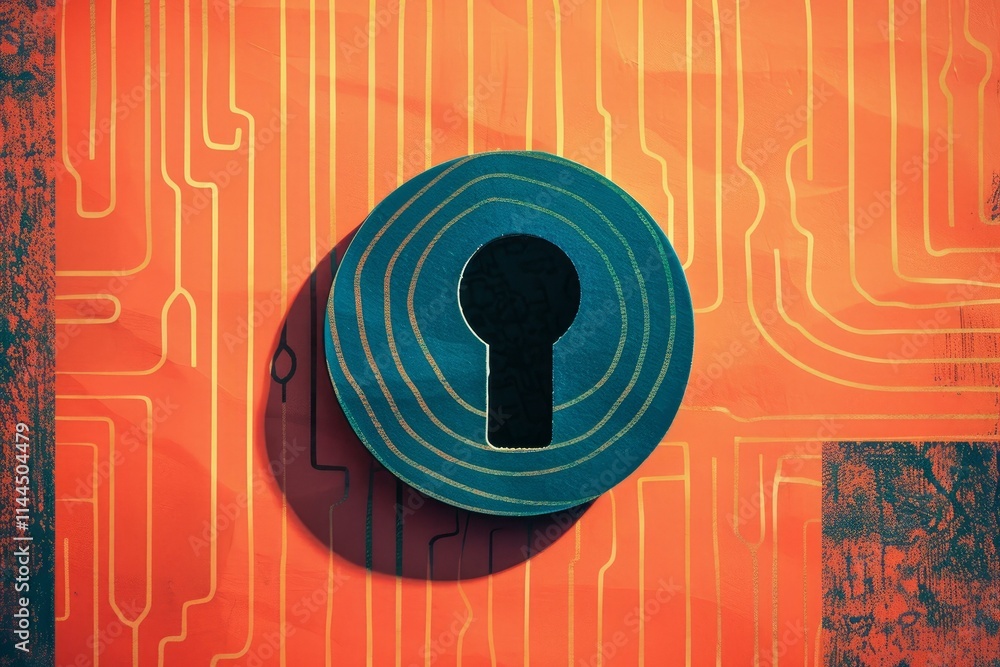 Fotografie Blue round keyhole shape over an orange circuit board pattern background represe