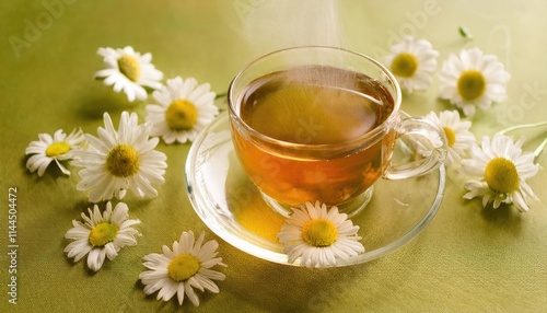  A steaming cup of chamomile tea rests amidst fresh daisy flowers on a pale olive surface