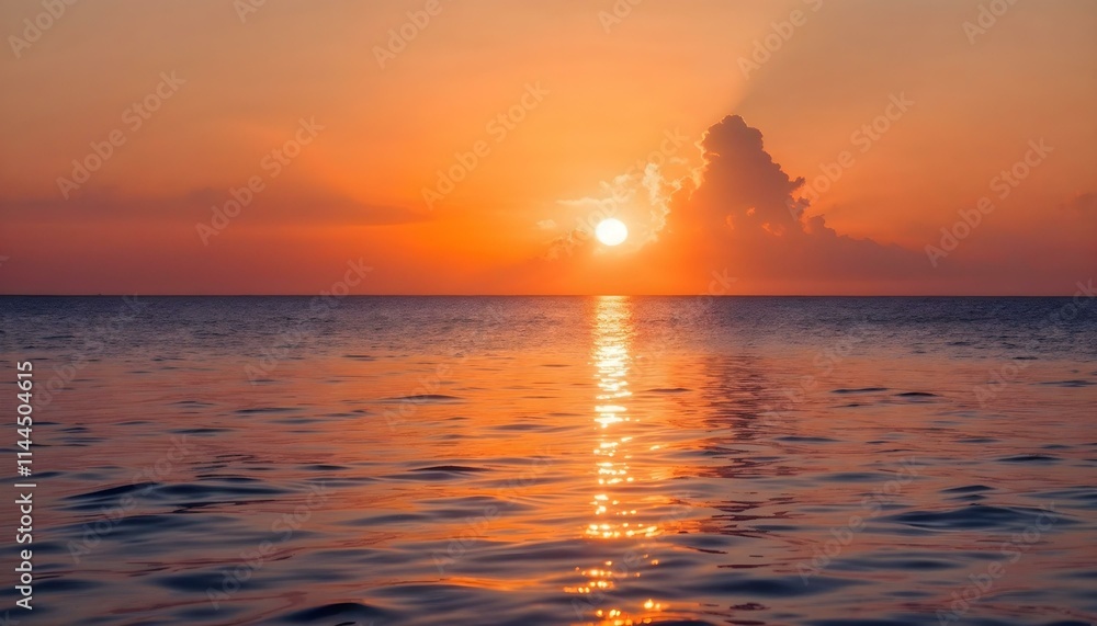 Naklejka premium A breathtaking ocean sunset with the sun low on the horizon, casting warm hues of orange and gold across the sky