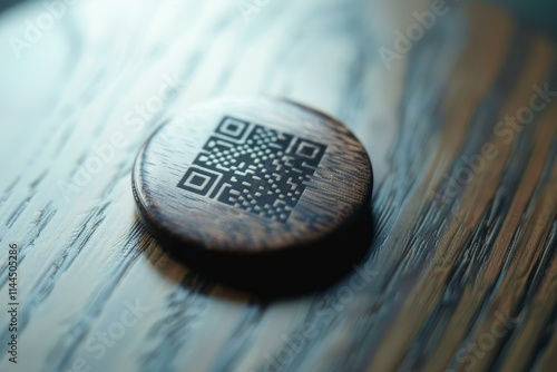 Round wooden keychain showing a qr code is resting on a table photo