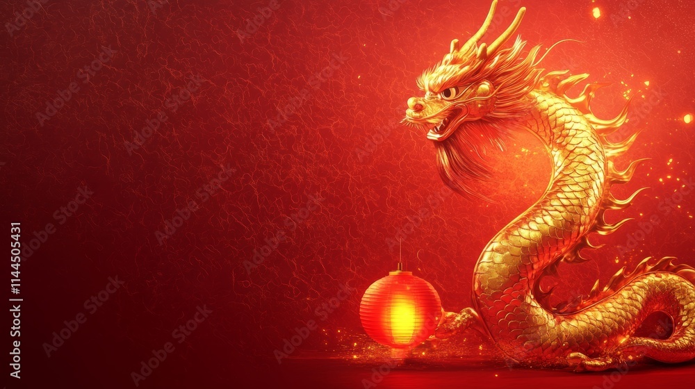 A minimalist Chinese New Year background with a bold red and gold color scheme, featuring a single golden dragon coiled around a glowing red lantern A minimalist Chinese New Year background with a bold red and gold color scheme, featuring a single golden dragon coiled around a glowing red lantern