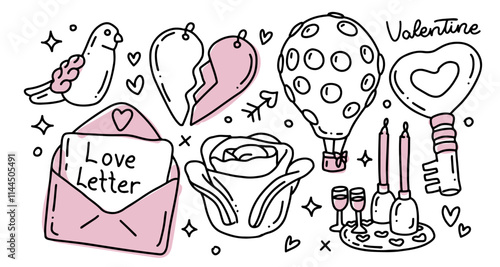 Cute hand drawn romantic doodle clipart, imperfect aesthetic of valentines day elements set. Linear vector illustration - love letter, dove, hot air balloon, romantic dinner