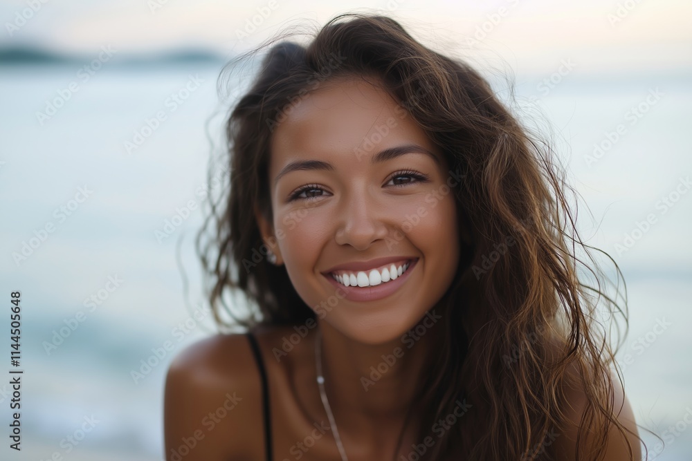 A cheerful woman with beautiful hair smiling joyfully at the beach during sunset. A cheerful woman with beautiful hair smiling joyfully at the beach during sunset.