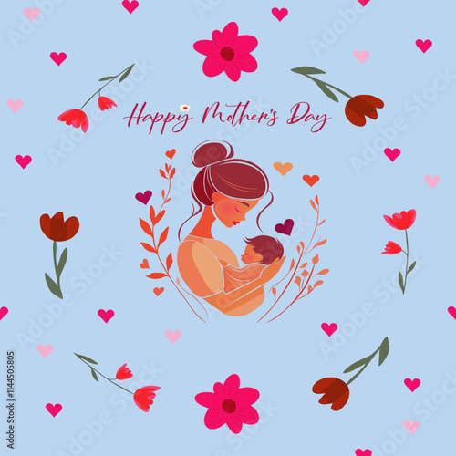 Floral and Heart Themed Mother's Day Design. Mother's Day Illustration with Floral and Heart Pattern