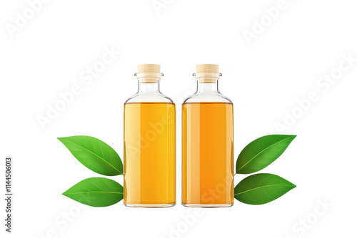 Two elegant glass bottles filled with golden oil, accompanied by green leaves, suggesting a natural and organic essence.