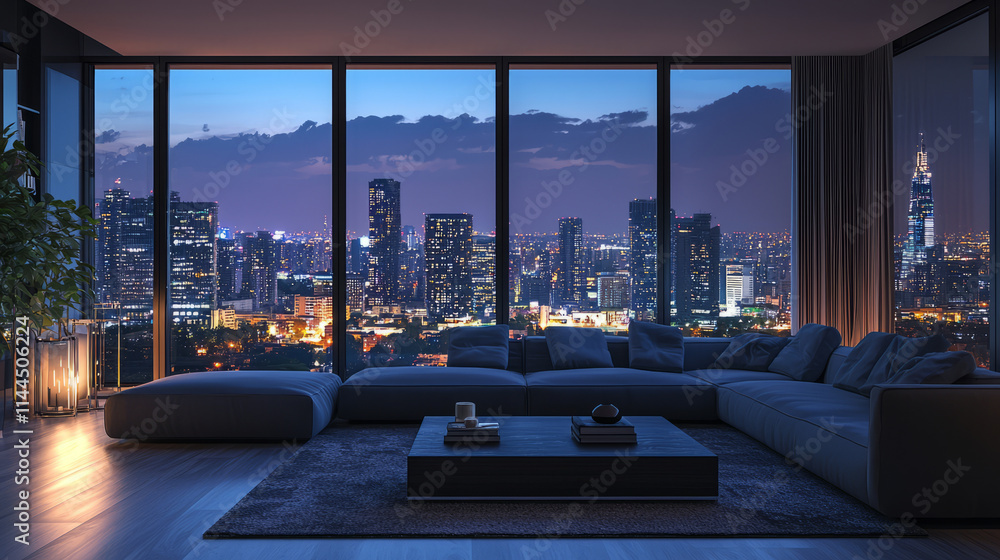Fototapeta premium Modern living room with panoramic city view at night