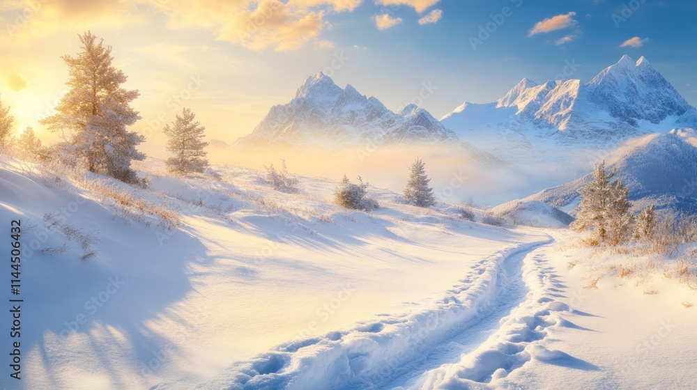 Majestic sunrise over snow-covered mountains, path leading through pristine winter landscape. Majestic sunrise over snow-covered mountains, path leading through pristine winter landscape.