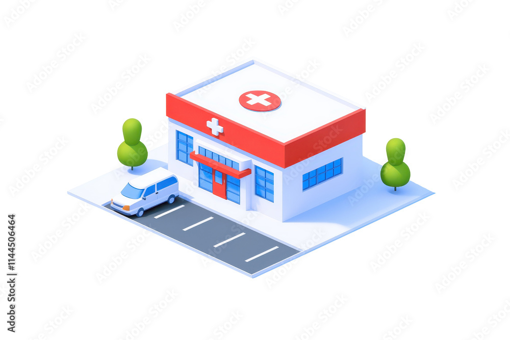 A small, modern hospital building with a red cross symbol, featuring large windows, a parking area, and surrounded by green trees. A small, modern hospital building with a red cross symbol, featuring large windows, a parking area, and surrounded by green trees.