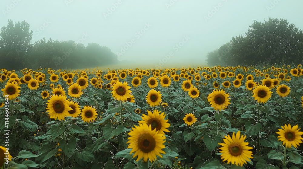 Obraz premium Morning fog envelops a vibrant sunflower field with lush greenery