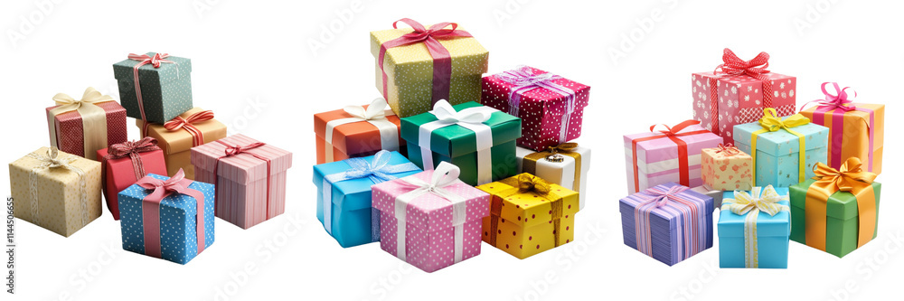 Set of A collection of colorful gift boxes wrapped in bright on transparent png background Set of A collection of colorful gift boxes wrapped in bright on transparent png background