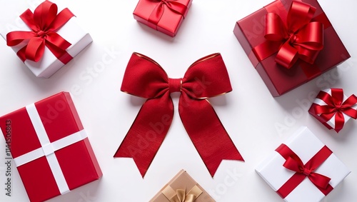 A vibrant red gift bow with intricate detail, perfect for festive decorations, isolated on white. photo