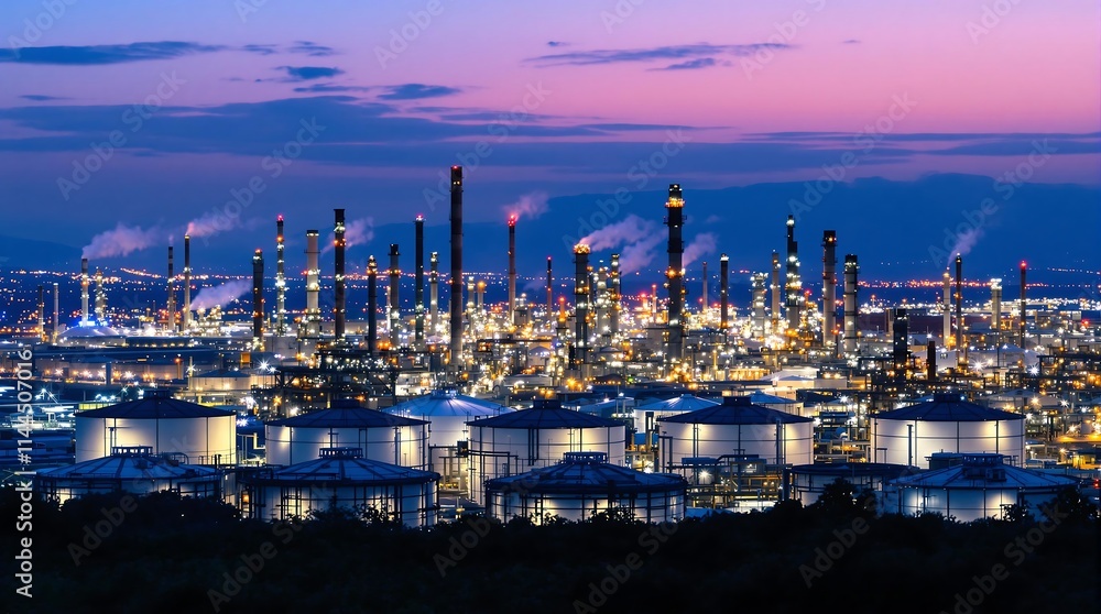 Fototapeta premium Oil Refinery Plant at Twilight Aerial View of Oil and Gas Industry Factory and Storage Tanks in Industrial Zone