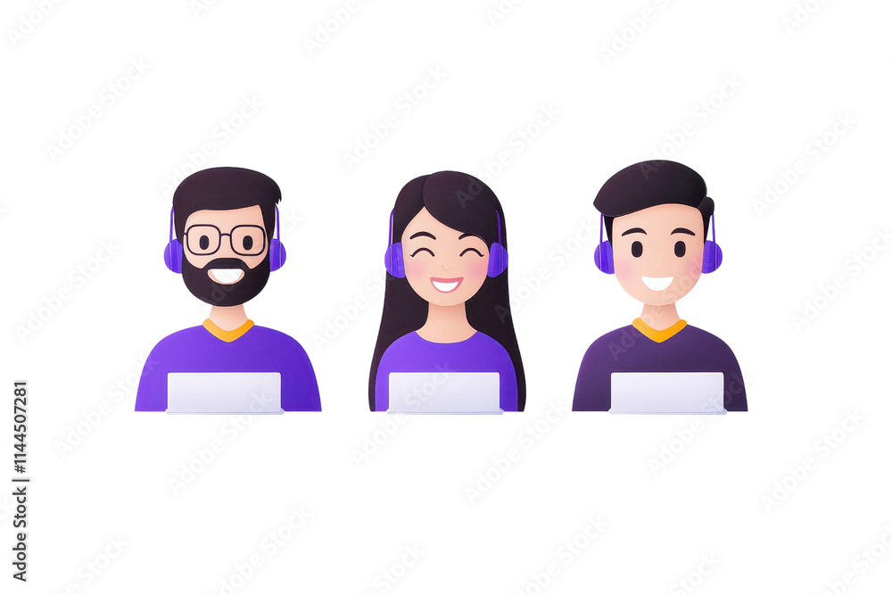 Three diverse characters wearing headphones, smiling, and holding laptops, representing a lively and engaging online interaction. Three diverse characters wearing headphones, smiling, and holding laptops, representing a lively and engaging online interaction.