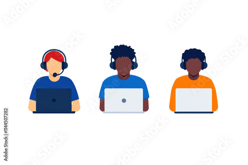 Three individuals wearing headsets, each engaged with laptops, showcasing diverse colors and styles in their attire.