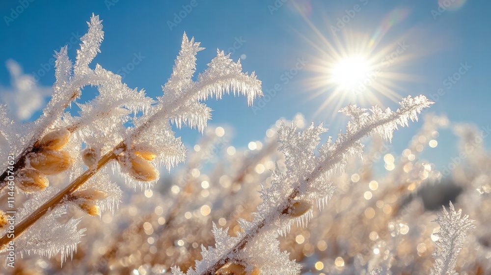Winter landscape with sun flare on a frozen twigs in hoarfrost, with a sun flare in the background Winter landscape with sun flare on a frozen twigs in hoarfrost, with a sun flare in the background