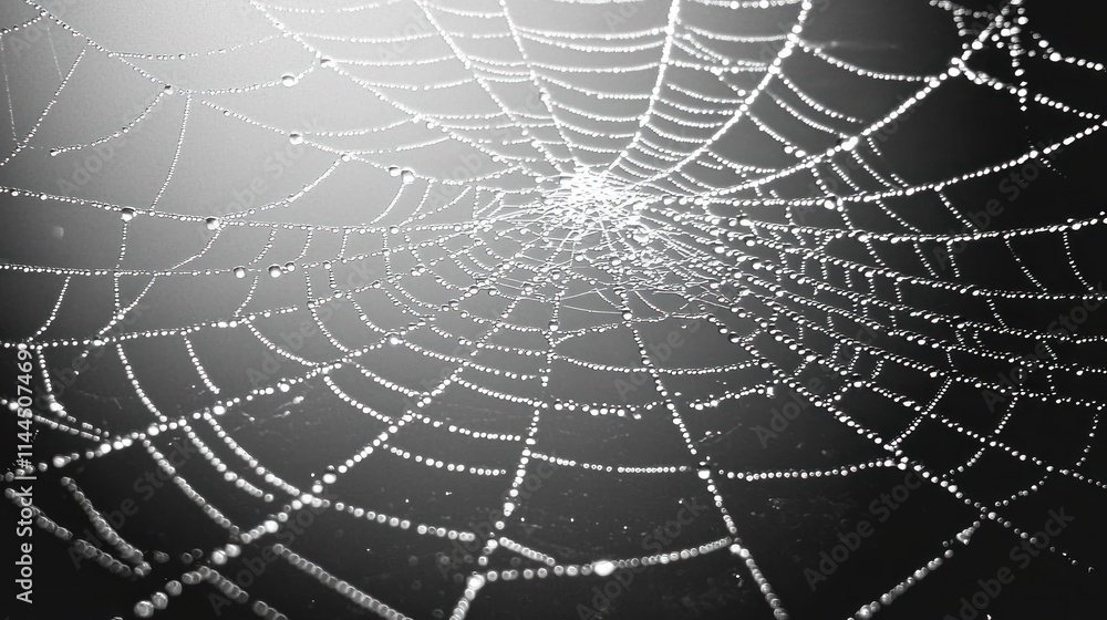 Obraz premium A spiderweb covered in sparkling dew drops, with soft sunlight shining through.