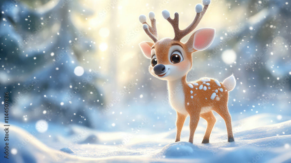 A whimsical 3D pastel reindeer with sparkling eyes stands surrounded by shimmering snowflakes in a magical winter world. A whimsical 3D pastel reindeer with sparkling eyes stands surrounded by shimmering snowflakes in a magical winter world.