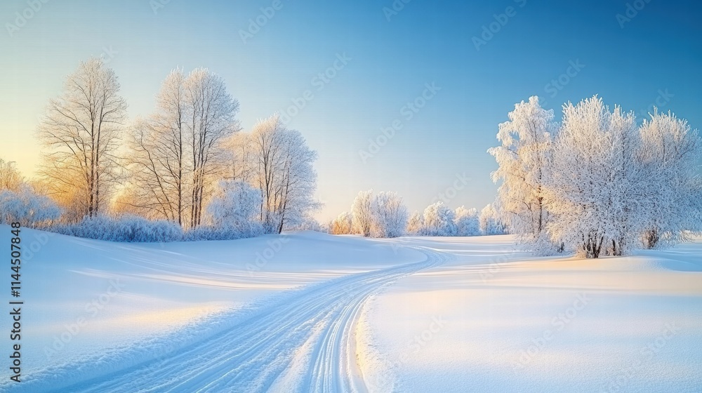 A serene winter landscape featuring snow-covered trees and a clear blue sky, creating a tranquil and picturesque scene A serene winter landscape featuring snow-covered trees and a clear blue sky, creating a tranquil and picturesque scene
