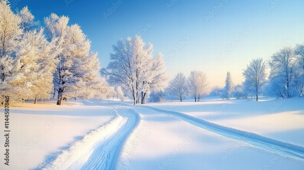 A serene winter landscape featuring snow-covered trees and a clear blue sky, creating a tranquil and picturesque scene A serene winter landscape featuring snow-covered trees and a clear blue sky, creating a tranquil and picturesque scene