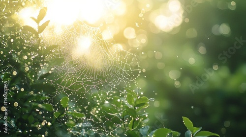 A spiderweb covered in sparkling dew drops, with soft sunlight shining through.