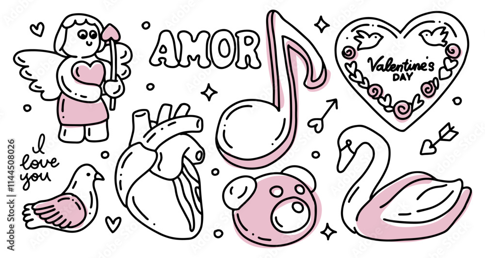 Fototapeta premium Cute hand drawn elements in outline Doodle style of Valentines day, Set of art line drawing - cupid, dove, heart frame, swan. Cartoon hand drawn Line art vector illustration.