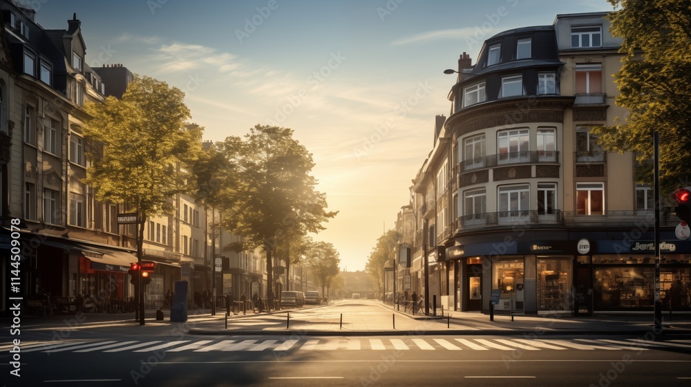A city street in the evening with backlighting, space on the right for creative content,generative ai illustration A city street in the evening with backlighting, space on the right for creative content,generative ai illustration