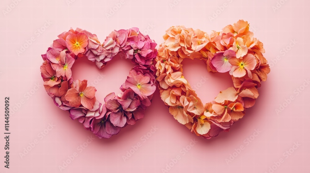 Two interlocked hearts made from flower petals on a pastel pink background Two interlocked hearts made from flower petals on a pastel pink background