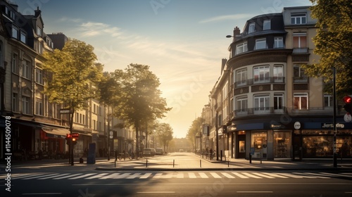 A city street in the evening with backlighting, space on the right for creative content,generative ai illustration