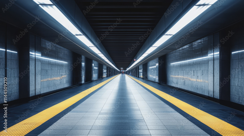 Fototapeta premium Empty subway platform with glowing lights and modern design