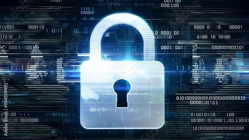 Futurystyczny cyfrowy zamek z świecącym kodem binarnym, symbolizujący zaawansowaną ochronę danych i bezpieczeństwo w erze cyfrowej.