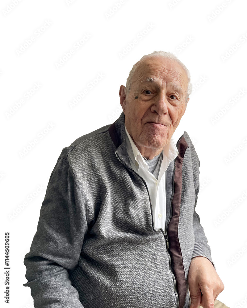 Obraz premium Senior adult man boomer portrait isolated on png transparent background. Portrait aged, elderly, old man.