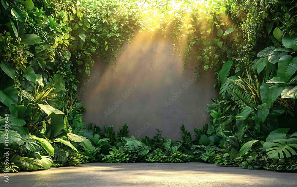 Sunlit concrete wall framed by lush tropical foliage, creating a vibrant, natural backdrop. Sunlit concrete wall framed by lush tropical foliage, creating a vibrant, natural backdrop.