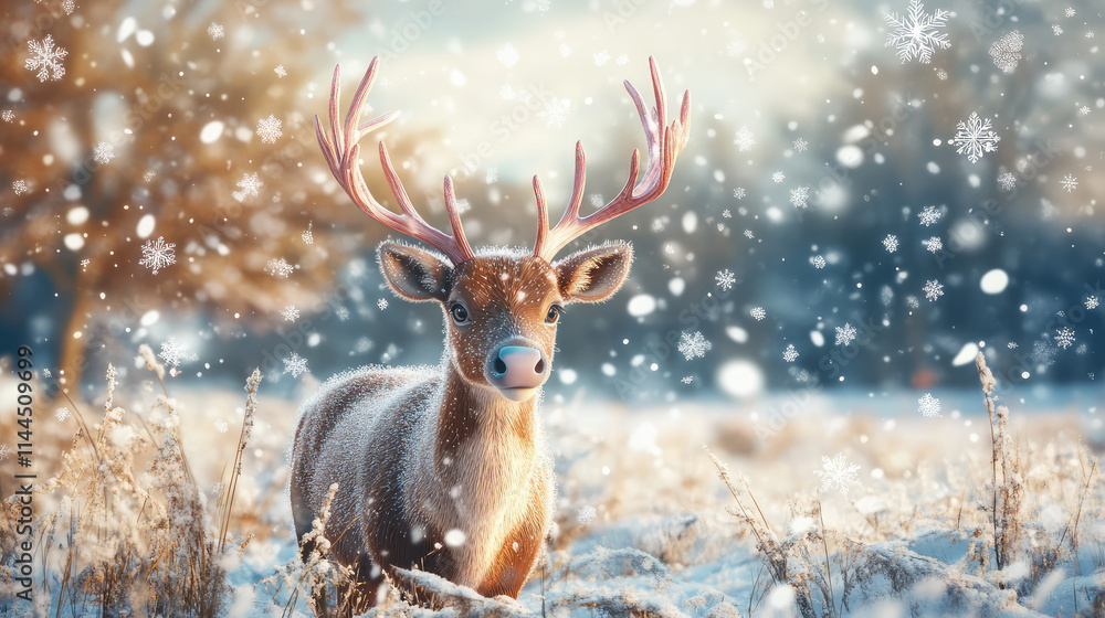 A deer with antlers is standing in the snow A deer with antlers is standing in the snow