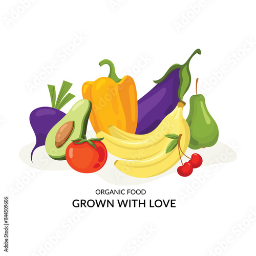 Grown with love. Vector hand drawn illustration with fresh organic food. Vegetables and fruits.