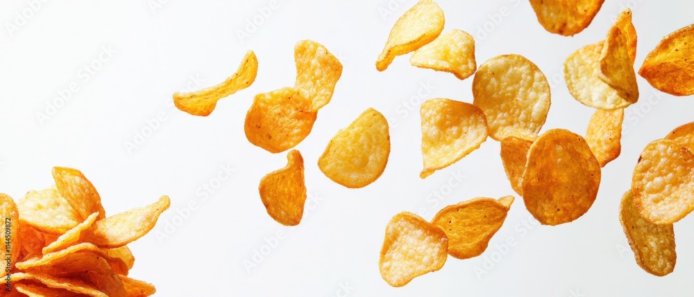 Potato chips flying through the air with some in a pile Potato chips flying through the air with some in a pile