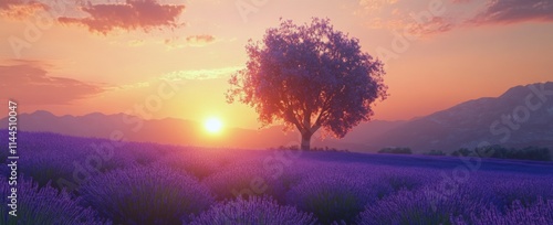 Lavender field at sunset with a solitary tree amidst rolling hills and a colo...