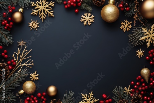 Black background with golden Christmas decorations, such as snowflakes, berries, branches, ornaments